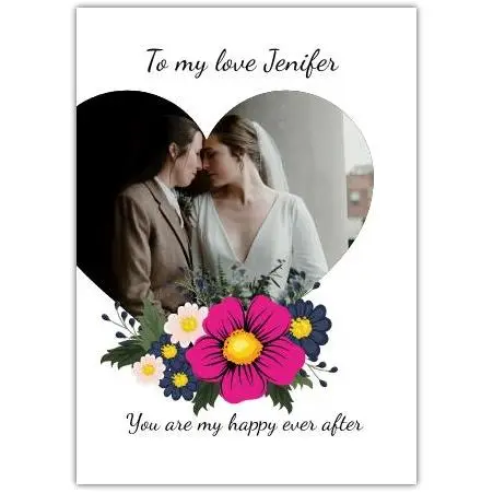 Personalised Wedding or Civil Partnership Photo Heart Card with Floral Bouquet Design