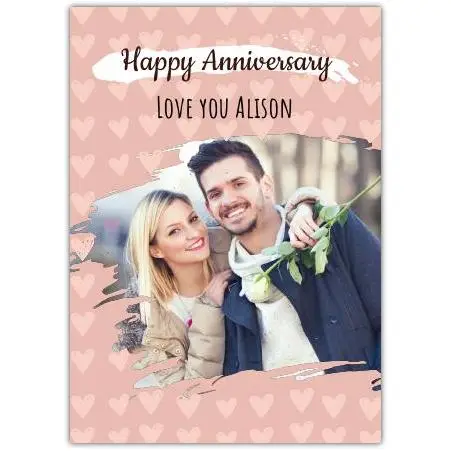 Personalised Pink Hearts Anniversary Photo Upload Greeting Card