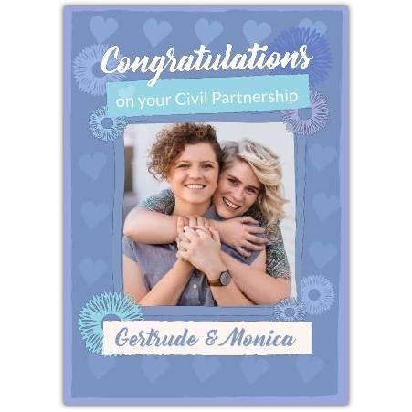 Personalised Blue Civil Partnership Congratulations Card with Photo and Flowers