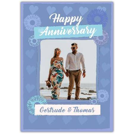 Personalised Blue Happy Anniversary Photo Upload Card with Hearts and Flowers