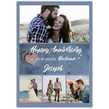 Personalised Blue Rustic Heart Anniversary Card for Husband with Photo Collage