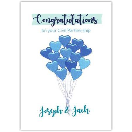 Personalised Civil Partnership Congratulations Card with Blue Heart Balloons Design