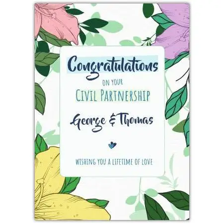 Congratulations Civil Partnership Card with Tropical Flowers Border Design