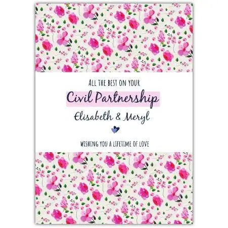 Civil Partnership Card with Pretty Pink Flowers and Personalised Names