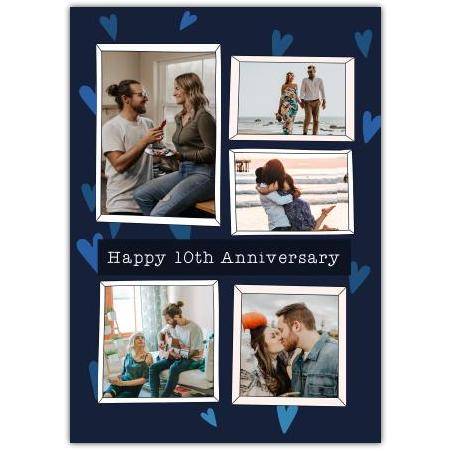 Personalised 10th Anniversary Photo Upload Card with Blue Hearts Design