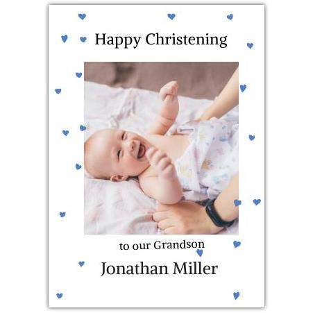 Personalised Christening Card for Grandson with Blue Hearts and Photo Upload