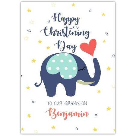 Personalised Christening Day Card for Grandson with Blue Elephant and Heart Design