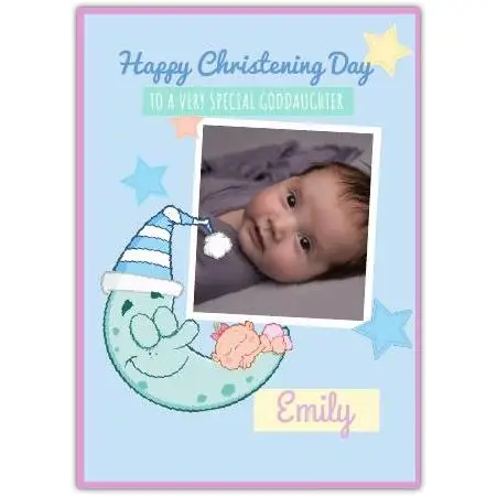 Personalised Christening Day Blue Moon Photo Upload Card for Goddaughter