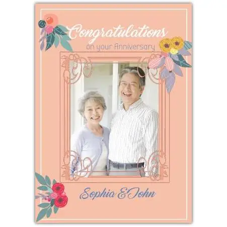 Personalised Orange Floral Photo Upload Anniversary Congratulations Card