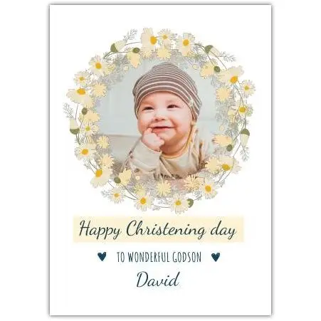 Personalised Christening Card with Yellow Flower Wreath and Photo Frame for Godson