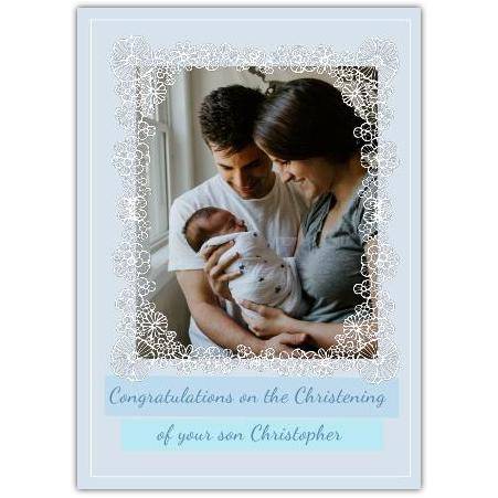 Personalised Blue Lace Christening Photo Card for Son with White Ornamental Frame