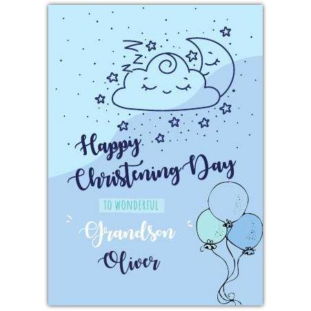 Personalised Blue Christening Card for Grandson with Sleeping Cloud and Balloons Design