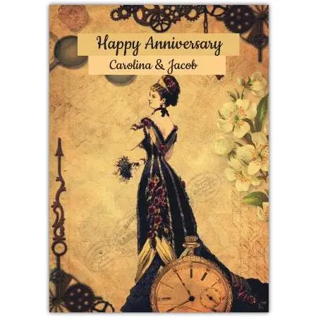 Vintage Victorian Style Personalised Happy Anniversary Card with Lady and Clock Design