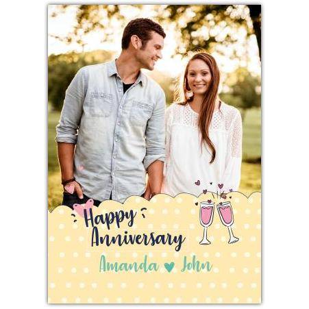 Personalised Yellow Polka Dot Anniversary Card with Champagne Glasses and Photo Upload