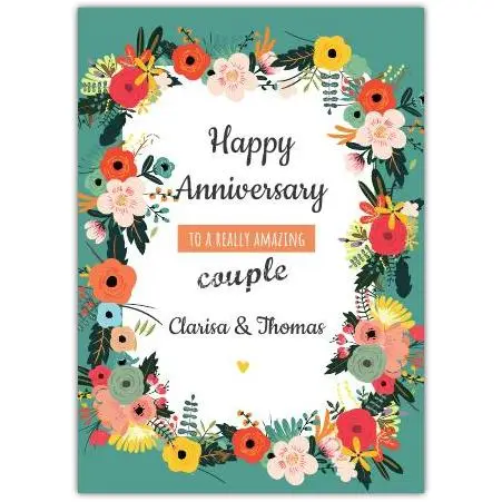 Personalised Happy Anniversary Card Floral Border Design for Couples