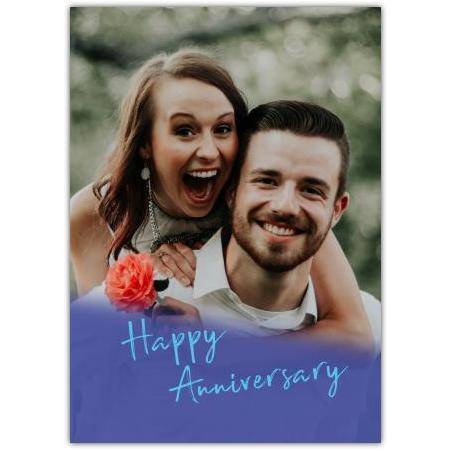Personalised Happy Anniversary Photo Card with Purple and Turquoise Blur Design