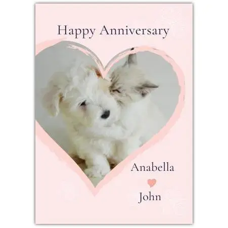 Personalised Happy Anniversary Card with Kitten and Puppy Heart Design