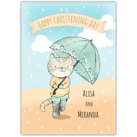 Personalised Christening Day Card Cute Kitty Cat with Umbrella Watercolour Design