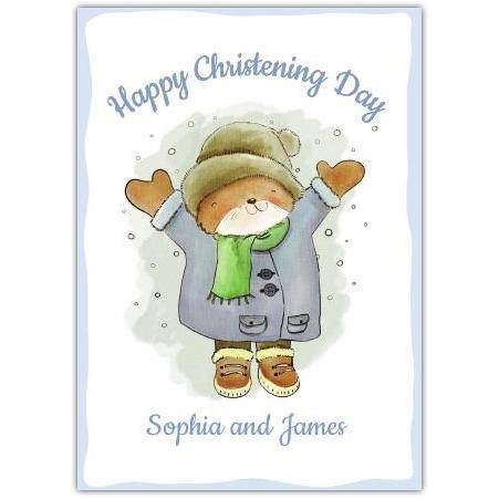 Personalised Happy Christening Day Bear Winter Coat Greeting Card
