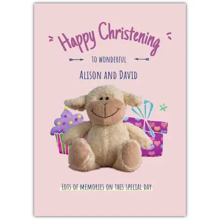 Personalised Pink Christening Card with Cute Sheep Teddy and Gift Design