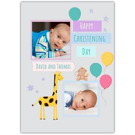 Personalised Christening Day Card with Giraffe and Balloons Photo Upload Design