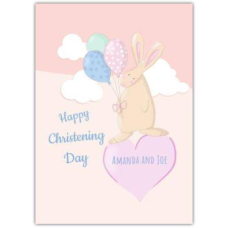 Personalised Christening Card with Bunny Holding Balloons and Heart Design
