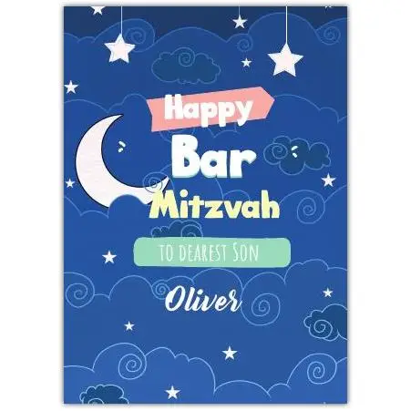 Happy Bar Mitzvah Card for Son Blue Moon and Stars Night Sky Design