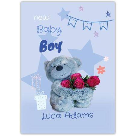 New Baby Boy Teddy Bear and Roses Greeting Card with Personalised Name Option