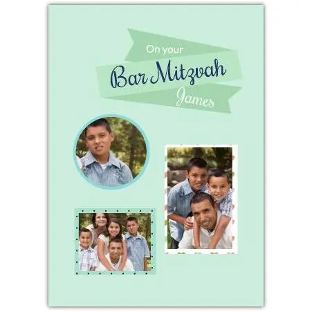 Personalised Bar Mitzvah Greeting Card Photo Upload Blue Green Design