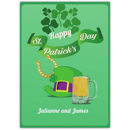 Personalised St Patricks Day Card with Leprechaun Hat Beer and Clover Design