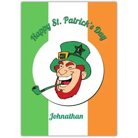Personalised St Patrick's Day Leprechaun Pipe Irish Flag Greeting Card