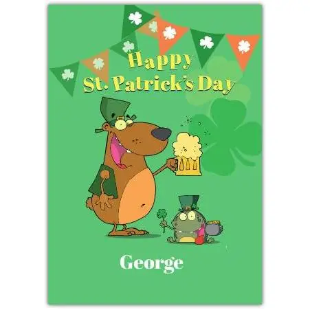 Personalised Happy St Patricks Day Card with Dog and Frog Drinking Beer for Pals