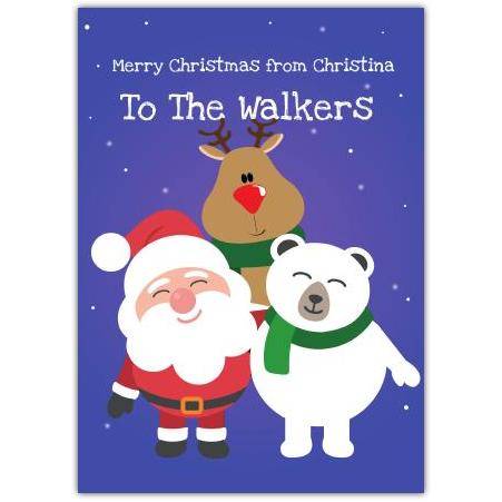 Personalised Merry Christmas Card with Santa Reindeer and Polar Bear on Purple Background