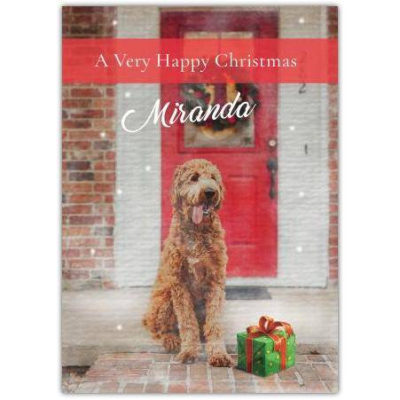 Personalised Happy Christmas Dog with Present Outside Red Door Card
