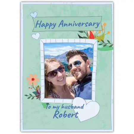 Personalised Green Floral Anniversary Photo Upload Frame Card for Husband