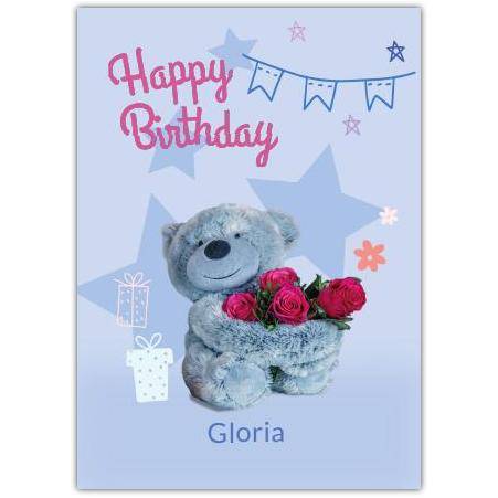 Personalised Happy Birthday Blue Bear with Roses Greeting Card