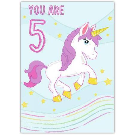 5th Birthday Unicorn Card for Girls with Pink and Gold Stars Design