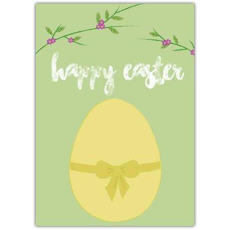 Happy Easter Yellow Egg with Bow and Floral Garland Greeting Card