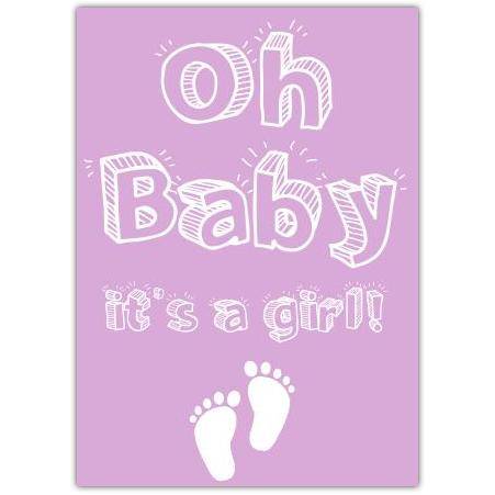 Congratulations New Baby Girl Card with Purple Design and Baby Feet Illustration