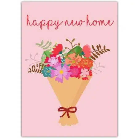Happy New Home Card with Colourful Bouquet Illustration on Pink Background
