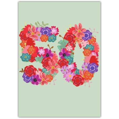50th Birthday Floral Number Greeting Card with Colourful Flowers Design