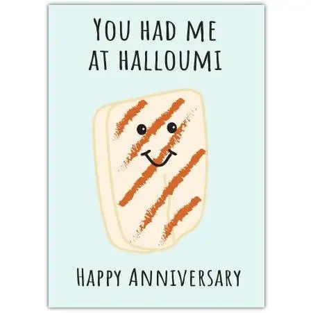 Funny Halloumi Pun Anniversary Card with Cute Cheese Slice Design
