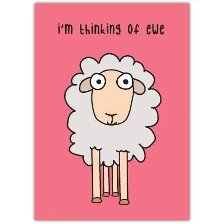 Thinking of You Pun Card with Cute Sheep on Pink Background