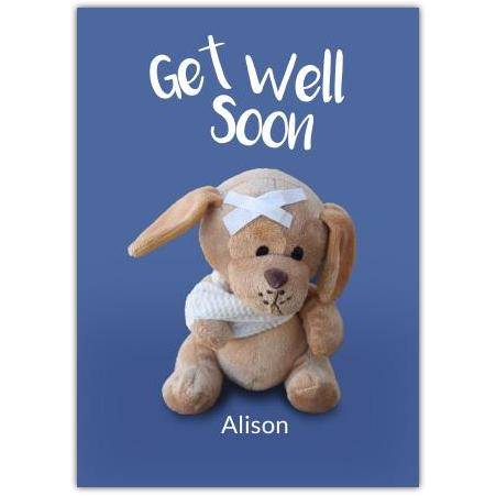 Personalised Get Well Soon Card Featuring Bandaged Teddy Bear on Blue Background