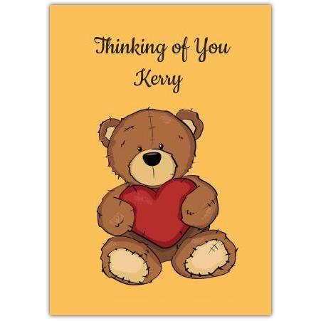 Personalised Thinking of You Teddy Bear Holding Heart Greeting Card