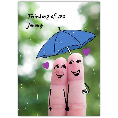 Thinking of You Cute Fingers Couple Under Umbrella Greeting Card with Personalisation