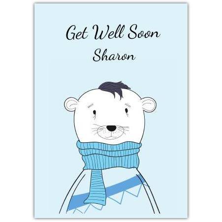 Get Well Soon Polar Bear in Blue Scarf Personalised Greeting Card
