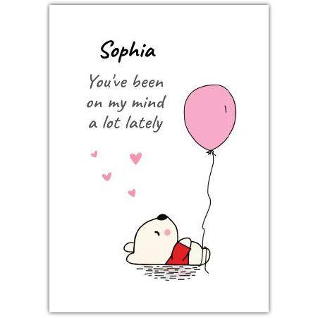 Personalised Thinking of You Bear with Pink Balloon Greeting Card