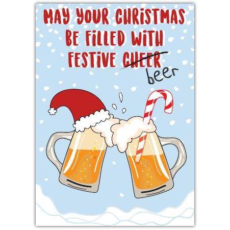 Funny Christmas Beer Cheers Cartoon Greeting Card with Santa Hat and Candy Cane