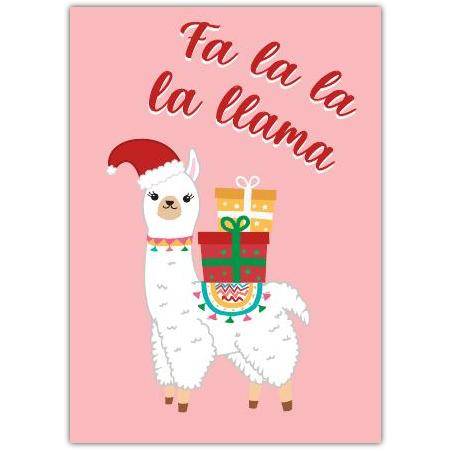 Christmas Fa La La Llama Cute Festive Xmas Greeting Card with Santa Hat and Gifts
